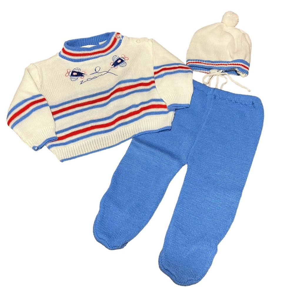 Vintage 90's Childwise Knit 3 Piece Airplane Outfit Sweater, Pants & Hat